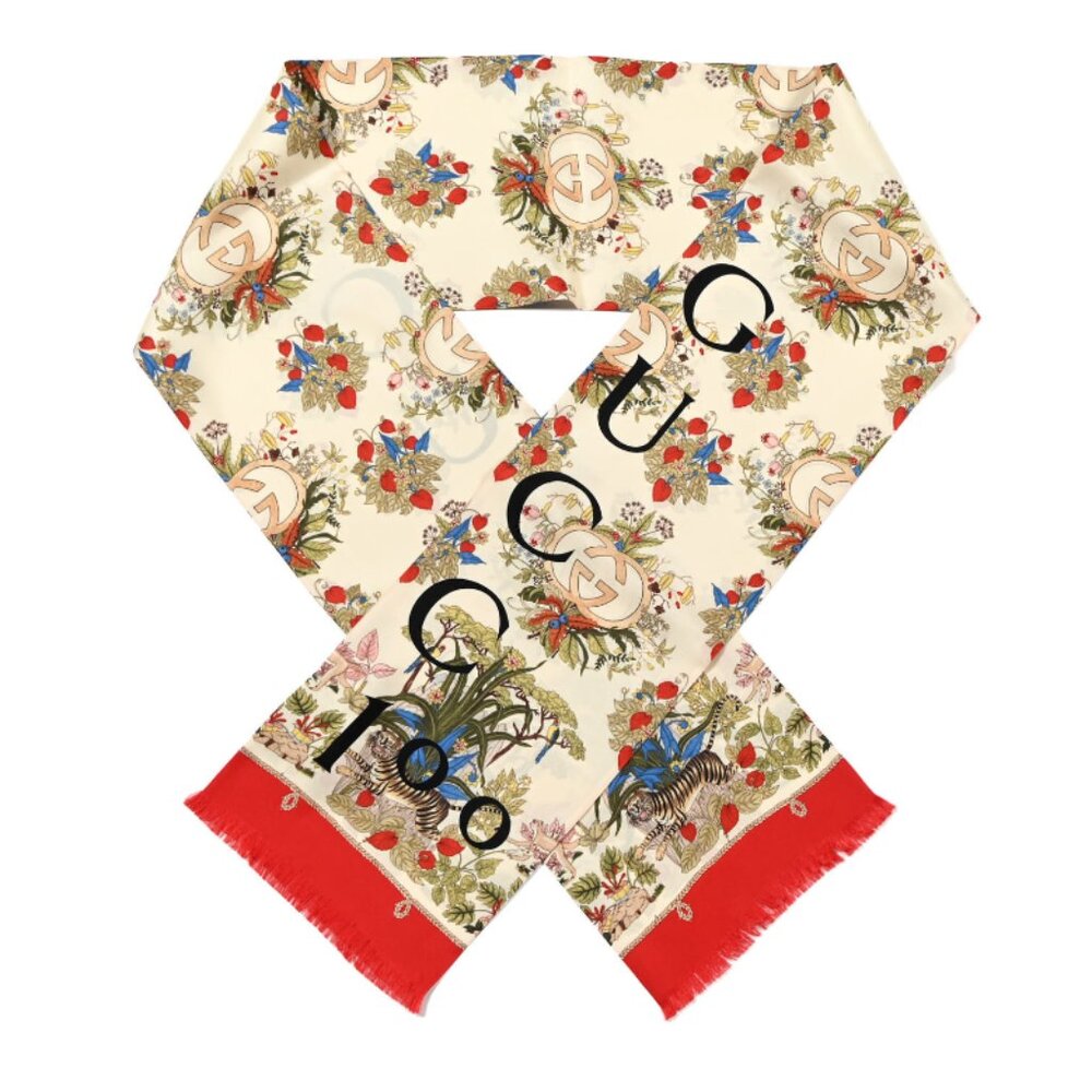 GUCCI Silk Twill Lady Savanero Scarf Red Beige